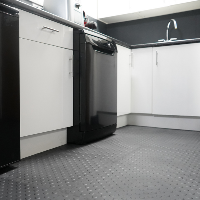Showing the Black 5mm Studded Tile as flooring for a utility room/kitchen