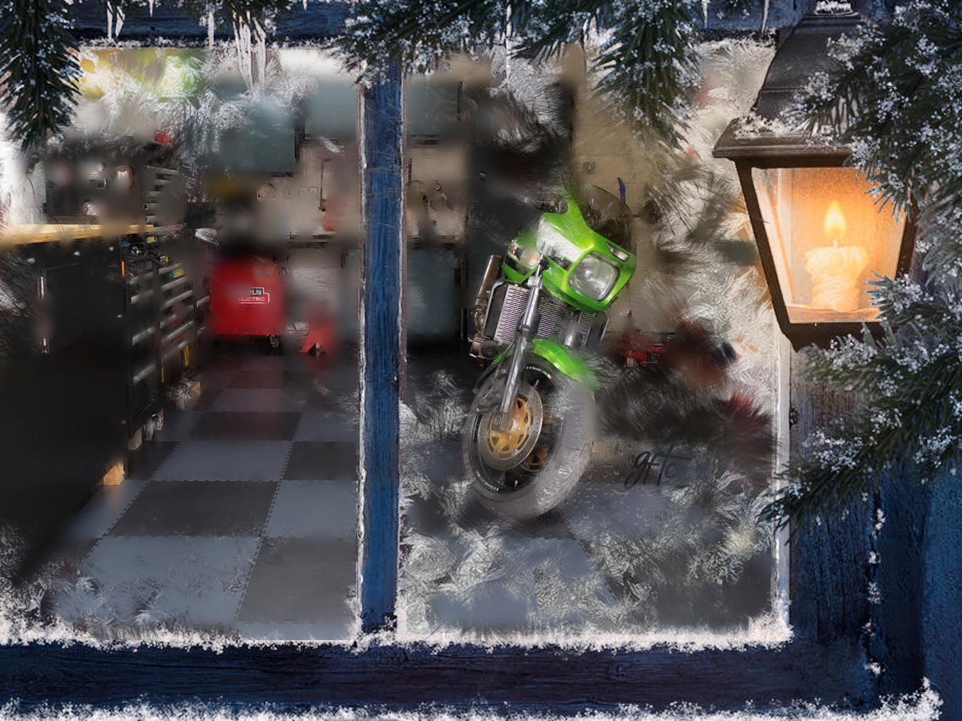Order a free sample, picture of garage floor with christmas themed backdrop