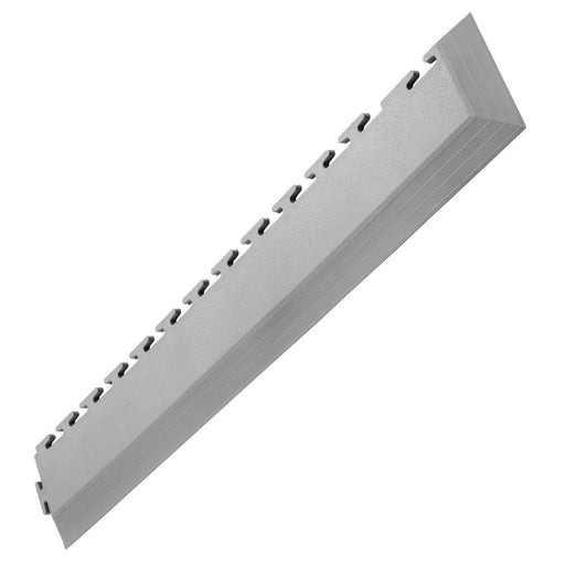 Ecotile interlocking floor tile corner ramp in light grey on a white background