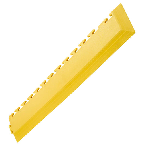 Ecotile interlocking floor tile corner ramp in yellow on a white background