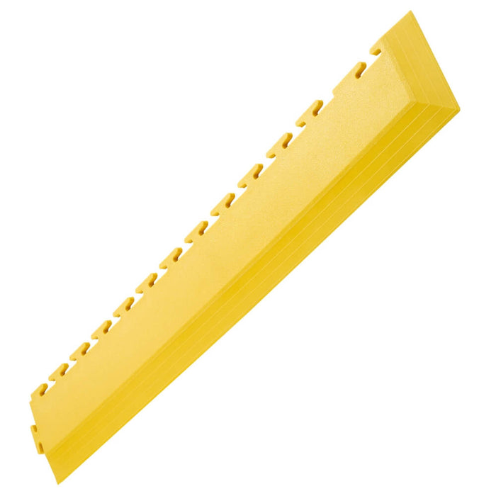 Ecotile interlocking floor tile corner ramp in yellow on a white background
