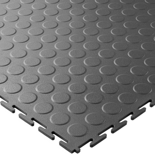 Dark Grey T Joint interlocking Ecotile floor tile with Raised Disc surface finish on a white background