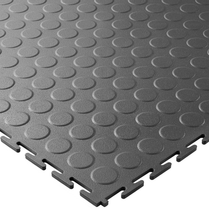 Dark Grey T Joint interlocking Ecotile floor tile with Raised Disc surface finish on a white background