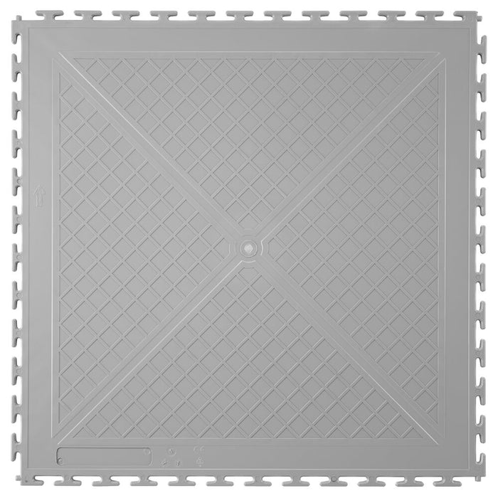 Reverse side of a Light Grey T Joint interlocking Ecotile floor tile with Raised Disc surface finish on a white background